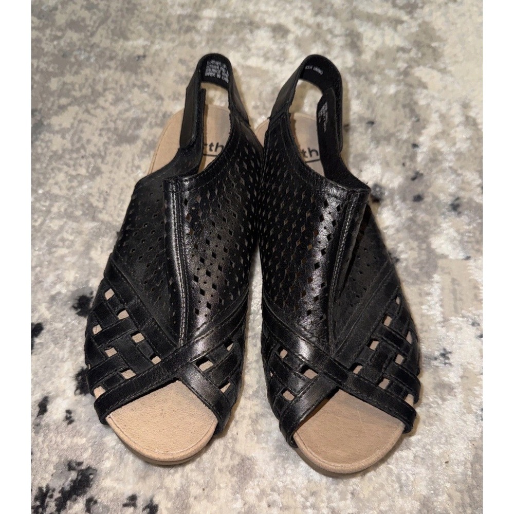Earth‎ Pisa Galli Lake Black Leather Cork Wedges Slingback Sandals Womens Sz 7